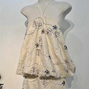 Cream Halter Top with Black Floral Embroidery